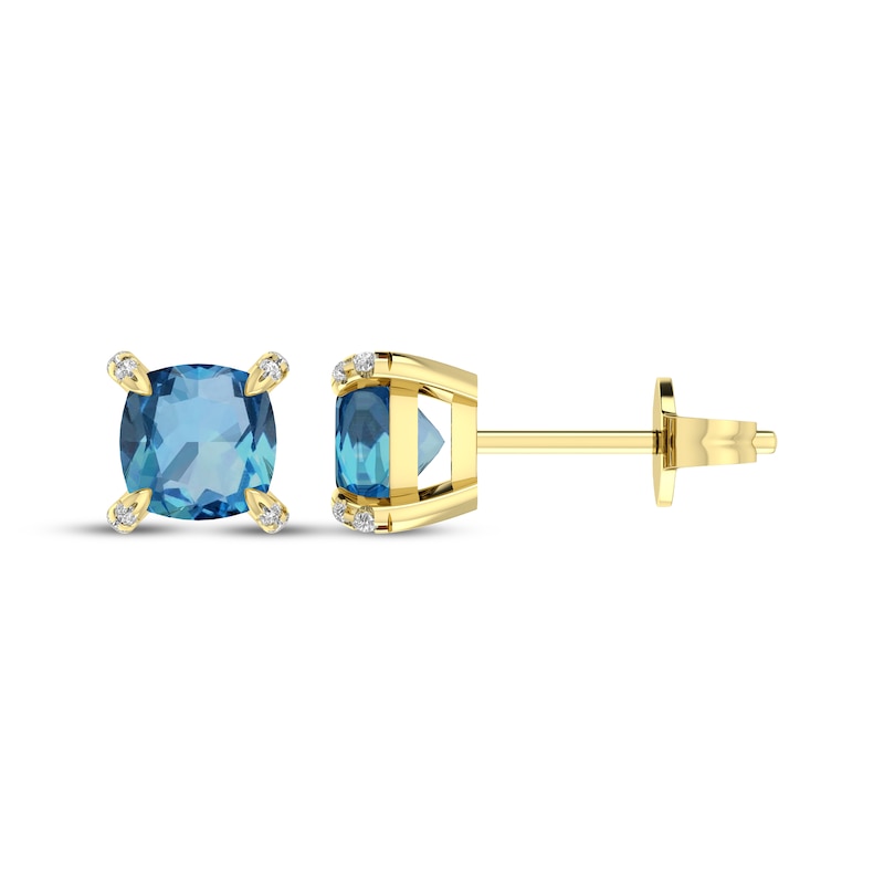 Main Image 3 of Cushion-Cut Swiss Blue Topaz & Diamond Accent Stud Earrings 10K Yellow Gold