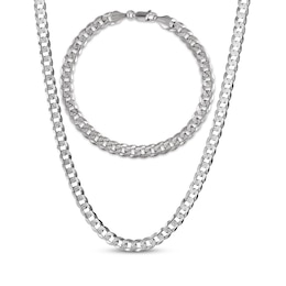 Men's Diamond-Cut Flat Curb Chain Necklace & Bracelet Gift Set Solid Sterling Silver