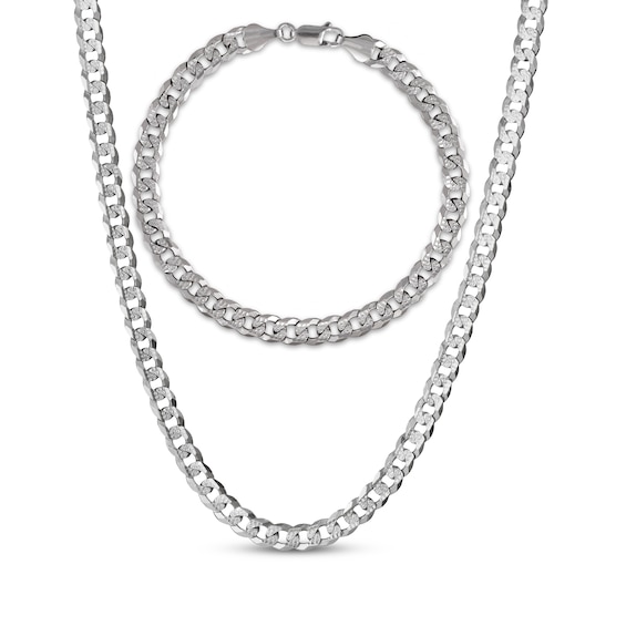 Men's Diamond-Cut Flat Curb Chain Necklace & Bracelet Gift Set Solid Sterling Silver