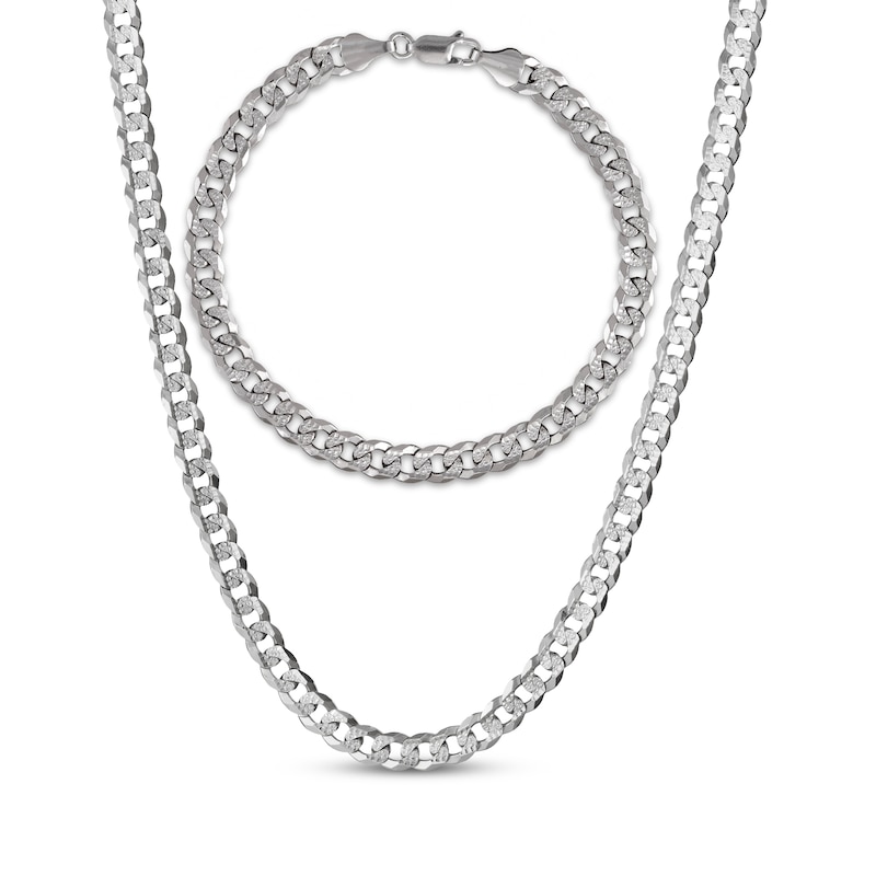 Main Image 1 of Men's Diamond-Cut Flat Curb Chain Necklace & Bracelet Gift Set Solid Sterling Silver