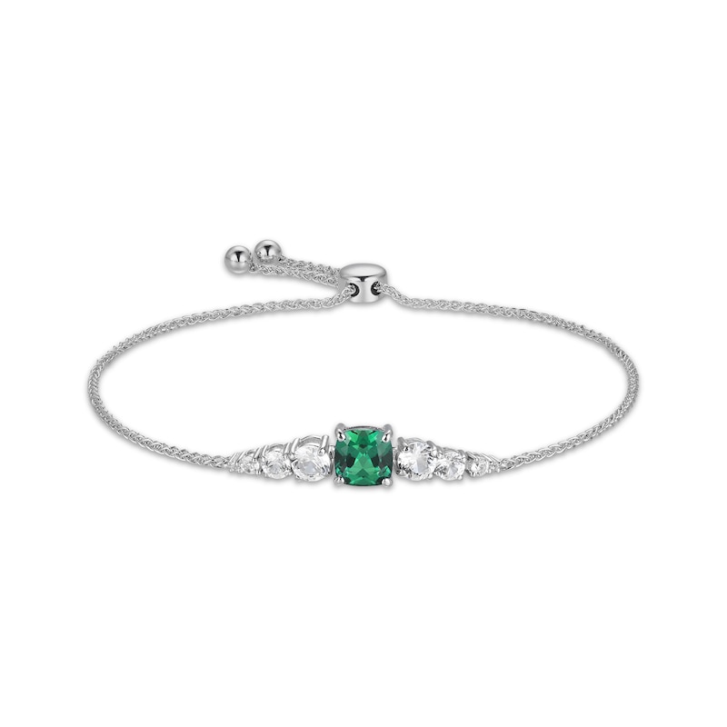 Main Image 1 of Cushion-Cut Lab-Created Emerald & White Lab-Created Sapphire Bolo Bracelet Sterling Silver