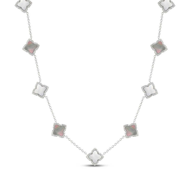 Main Image 1 of STUDIO BY KAY Clover-Shaped Mother-of-Pearl & White Lab-Created Sapphire Necklace Sterling Silver 18"