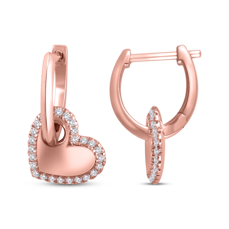 Main Image 1 of Diamond Hole Punch Heart Dangle Hoop Earrings 1/5 ct tw 10K Rose Gold