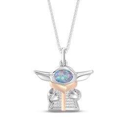 Star Wars Grogu Oval-Cut Lab-Created Opal & Diamond Necklace 1/20 ct tw Sterling Silver & 18K Rose Gold Vermeil 18"