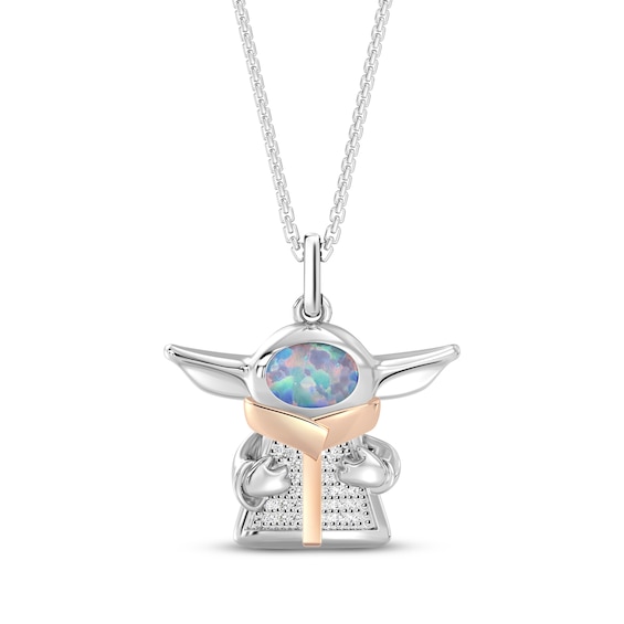 Star Wars Grogu Oval-Cut Lab-Created Opal & Diamond Necklace 1/20 ct tw Sterling Silver & 18K Rose Gold Vermeil 18"