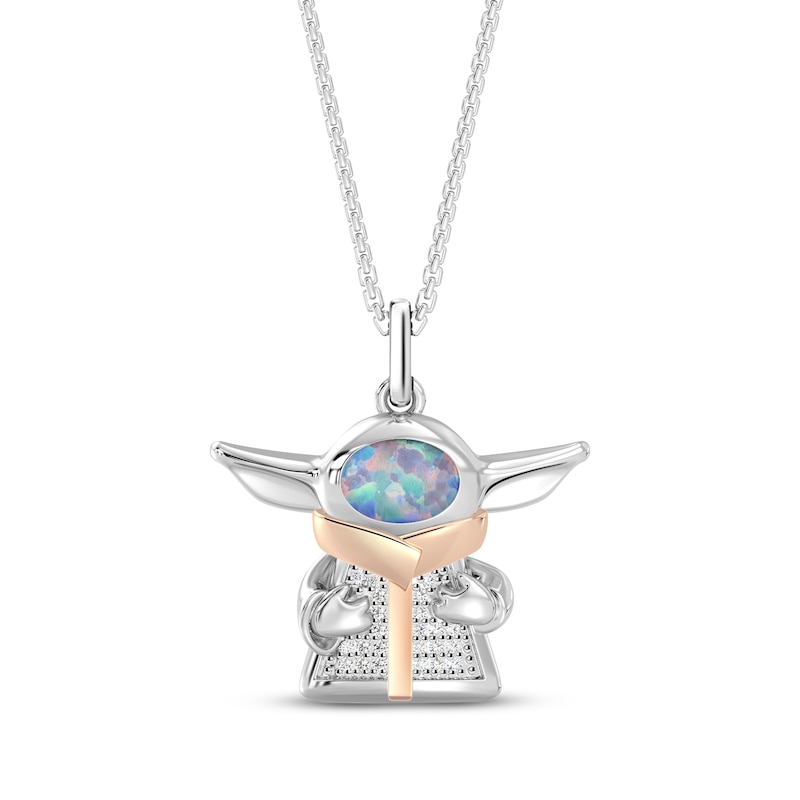 Main Image 1 of Star Wars Grogu Oval-Cut Lab-Created Opal & Diamond Necklace 1/20 ct tw Sterling Silver & 18K Rose Gold Vermeil 18"