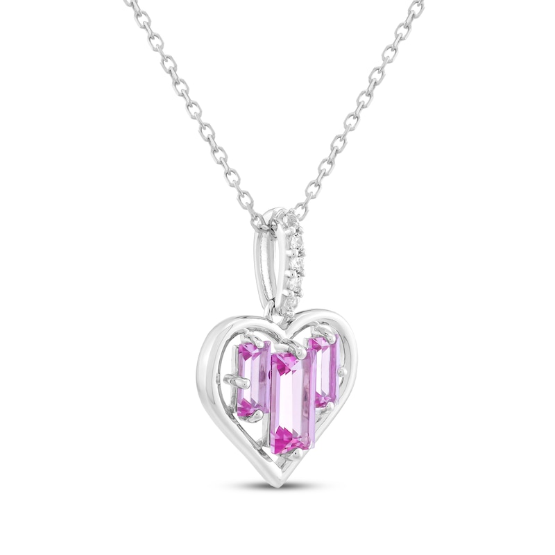 Main Image 2 of Baguette-Cut Pink Lab-Created Sapphire & White Lab-Created Sapphire Heart Necklace Sterling Silver 18"