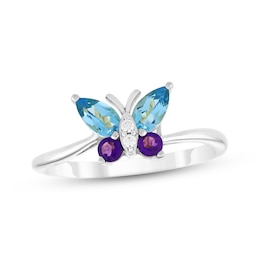 Pear-Cut Swiss Blue Topaz, Amethyst & White Lab-Created Sapphire Butterfly Ring Sterling Silver