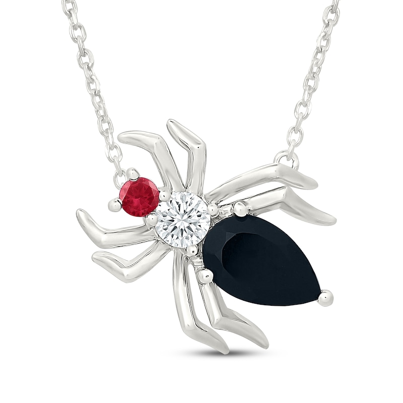 Main Image 1 of Pear-Shaped Black Onyx, Lab-Created Ruby & White Lab-Created Sapphire Spider Necklace Sterling Silver 18"