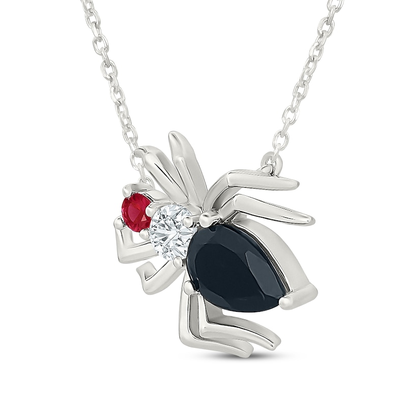 Main Image 2 of Pear-Shaped Black Onyx, Lab-Created Ruby & White Lab-Created Sapphire Spider Necklace Sterling Silver 18"
