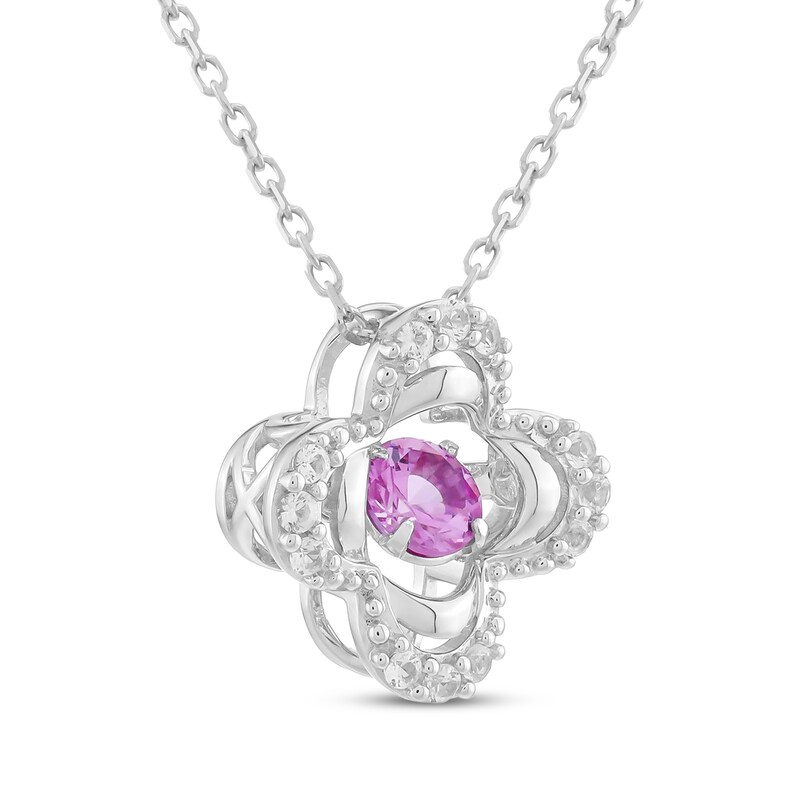 Main Image 2 of Pink & White Lab-Created Sapphire Clover Necklace Sterling Silver 18"
