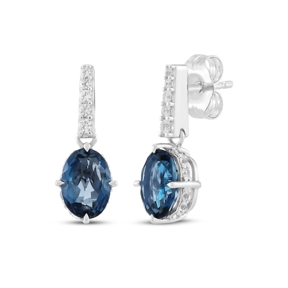 Oval-Cut London Blue Topaz & White Lab-Created Sapphire Drop Hidden Halo Earrings Sterling Silver