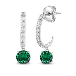 Lab-Created Emerald & White Lab-Created Sapphire J-Hoop Drop Earrings Sterling Silver