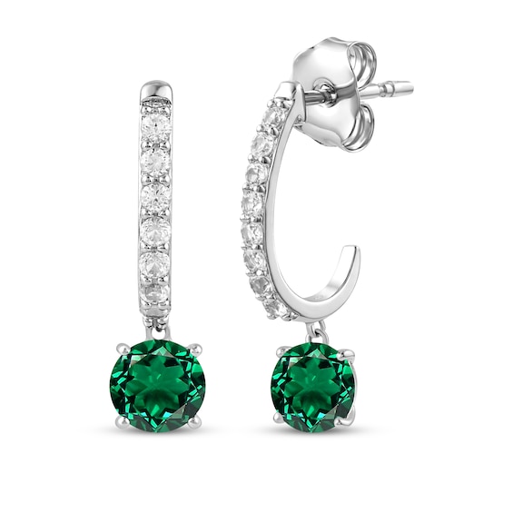 Lab-Created Emerald & White Lab-Created Sapphire J-Hoop Drop Earrings Sterling Silver