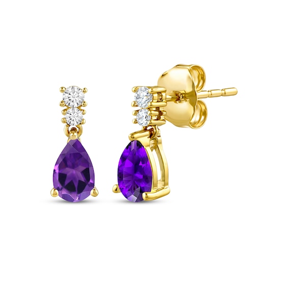 KAY Lab-Grown Diamonds Pear-Shaped Natural Amethyst Dangle Earrings 1/10 ct tw 10K Yellow Gold