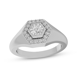 Diamond Hexagon Halo Signet Ring 1/10 ct tw Sterling Silver