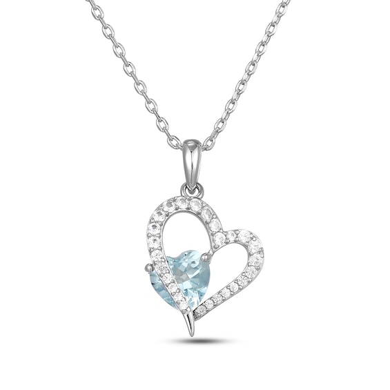 Heart-Shaped Natural Aquamarine & White Lab-Created Sapphire Heart Necklace Sterling Silver 18"