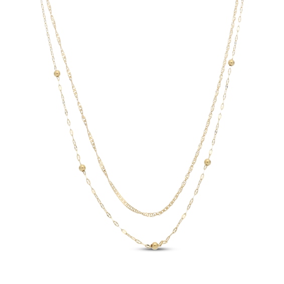 Layered Singapore & Beaded Mirror Chain Necklace Solid 10K Yellow Gold 18"