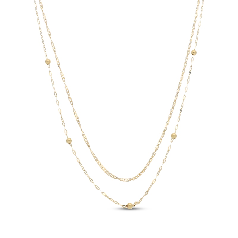 Main Image 1 of Layered Singapore & Beaded Mirror Chain Necklace Solid 10K Yellow Gold 18"