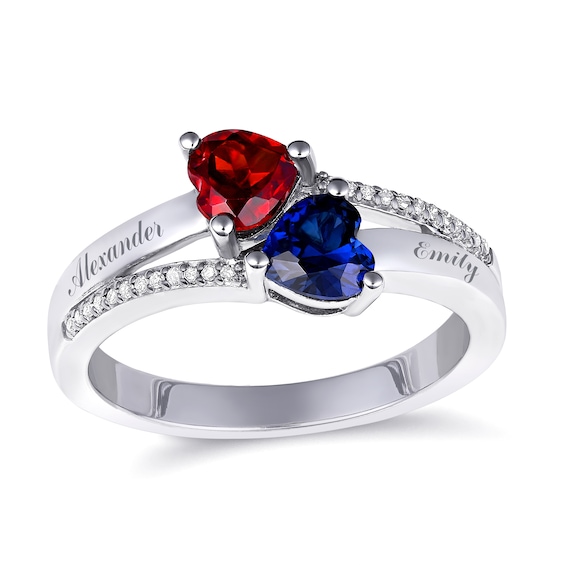 1/20 ct tw Diamond Birthstone Couple's Ring with Sideways Hearts (2 Stones and Lines)