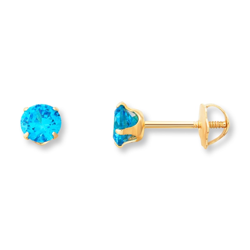 Main Image 1 of Children's Stud Earrings Blue Cubic Zirconia 14K Yellow Gold