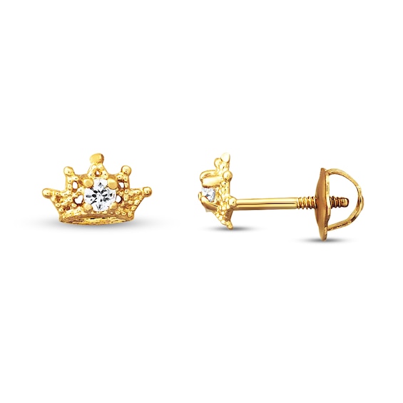 Children's Crown Earrings Cubic Zirconia 14K Yellow Gold