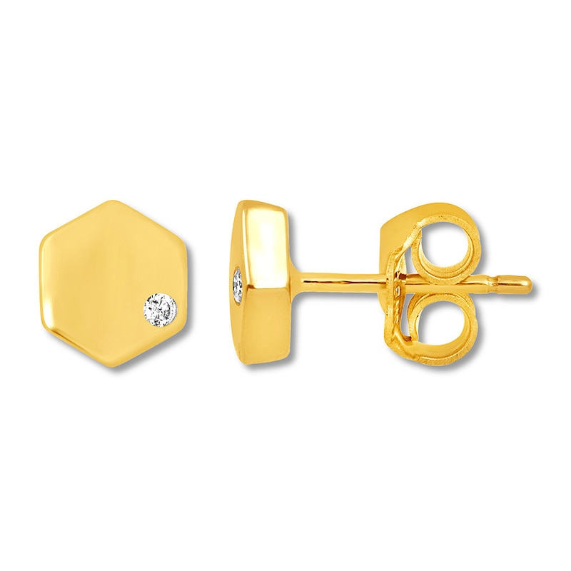 Petite Hexagon Earrings with Diamond Accents 10K Yellow Gold