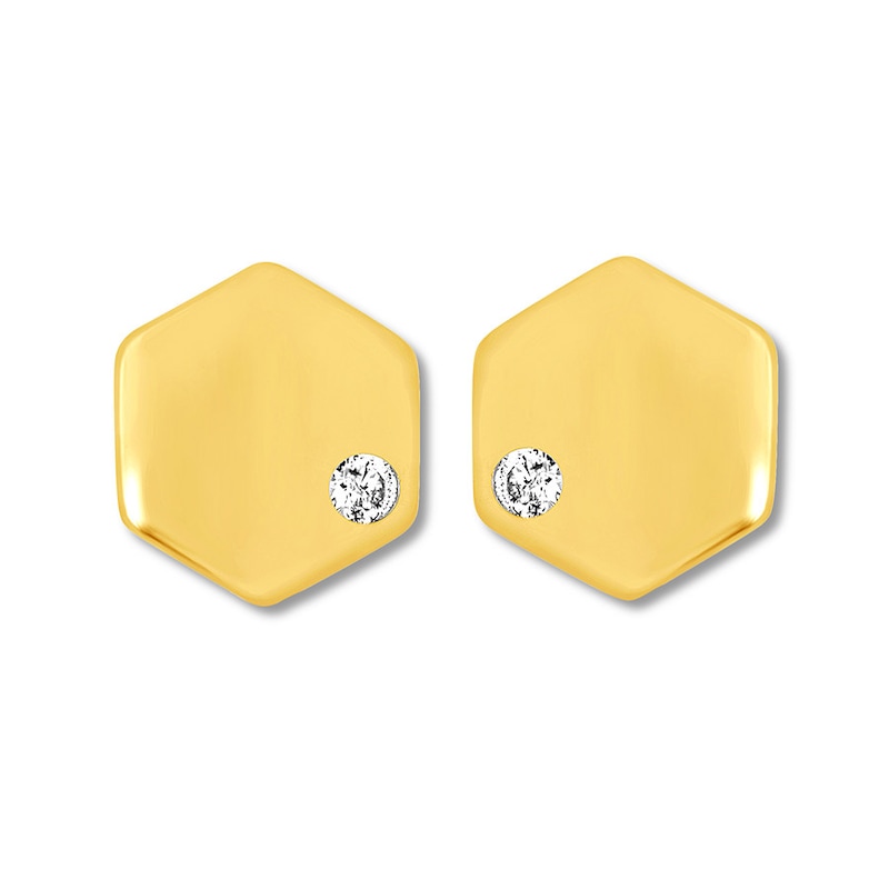 Petite Hexagon Earrings with Diamond Accents 10K Yellow Gold