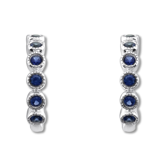 Lab-Created Sapphire Hoop Earrings Bezel-set 10K White Gold