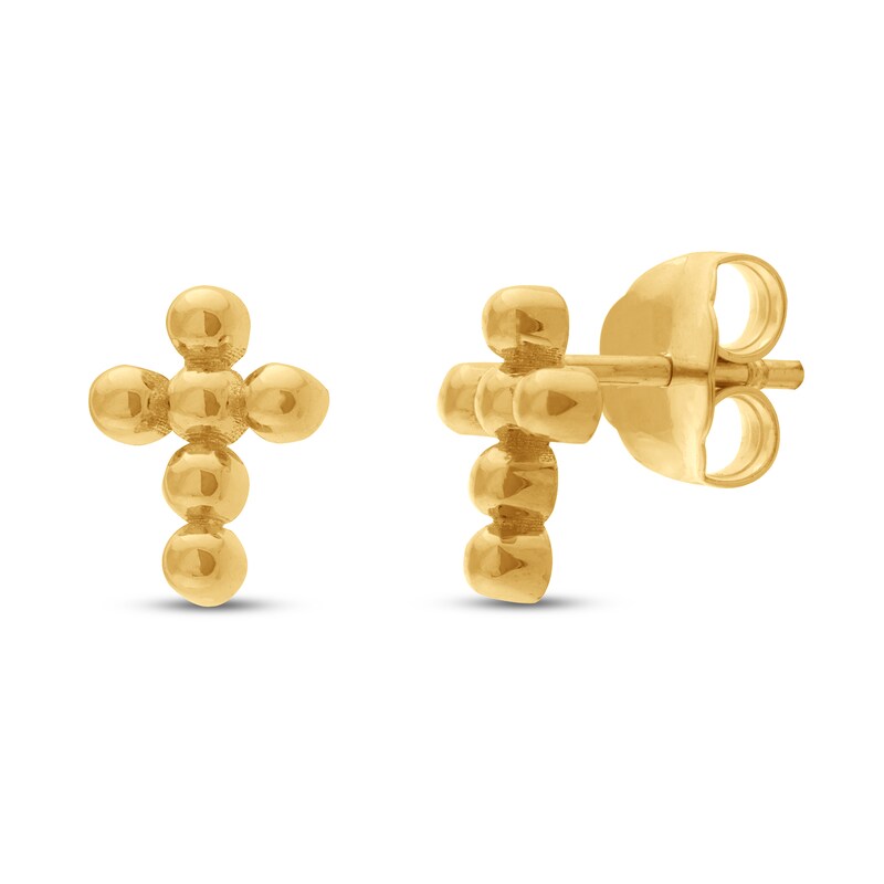 Bead Cross Stud Earrings 14K Yellow Gold