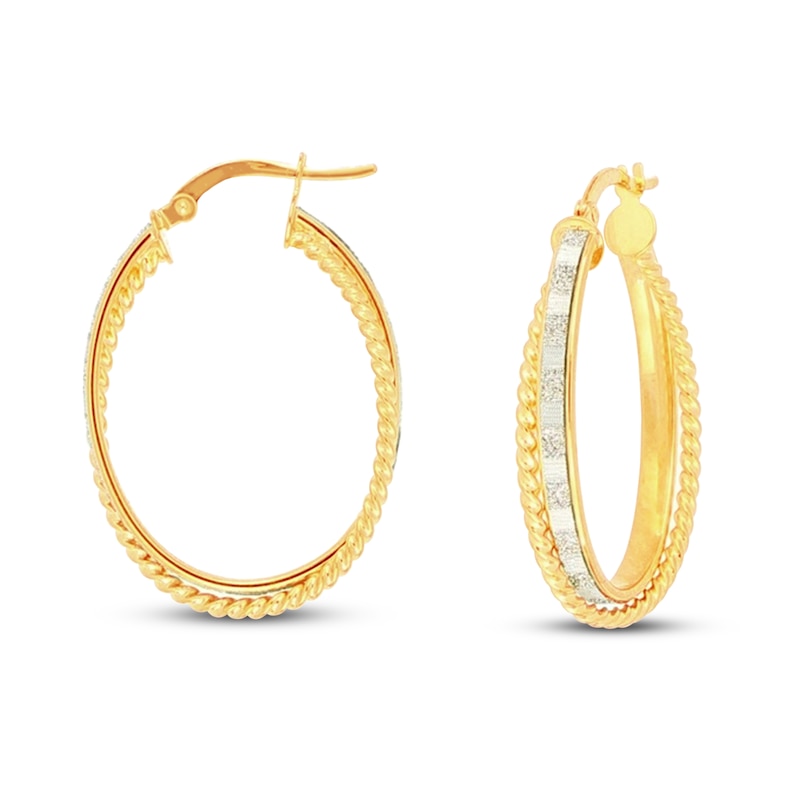 Italian Oval Glitter Hoop Earrings 14K Yellow Gold