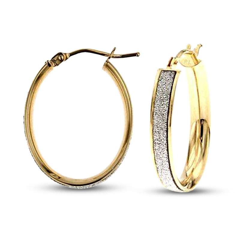 Main Image 1 of Italian Oval Glitter Hoop Earrings 14K Yellow Gold