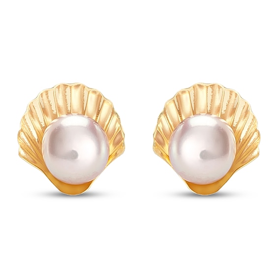 Children's Pink Cultured Pearl Shell Earrings 14K Yellow Gold