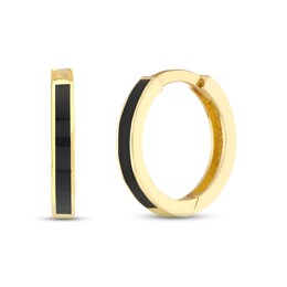 Black Enamel Huggie Hoop Earrings 14K Yellow Gold