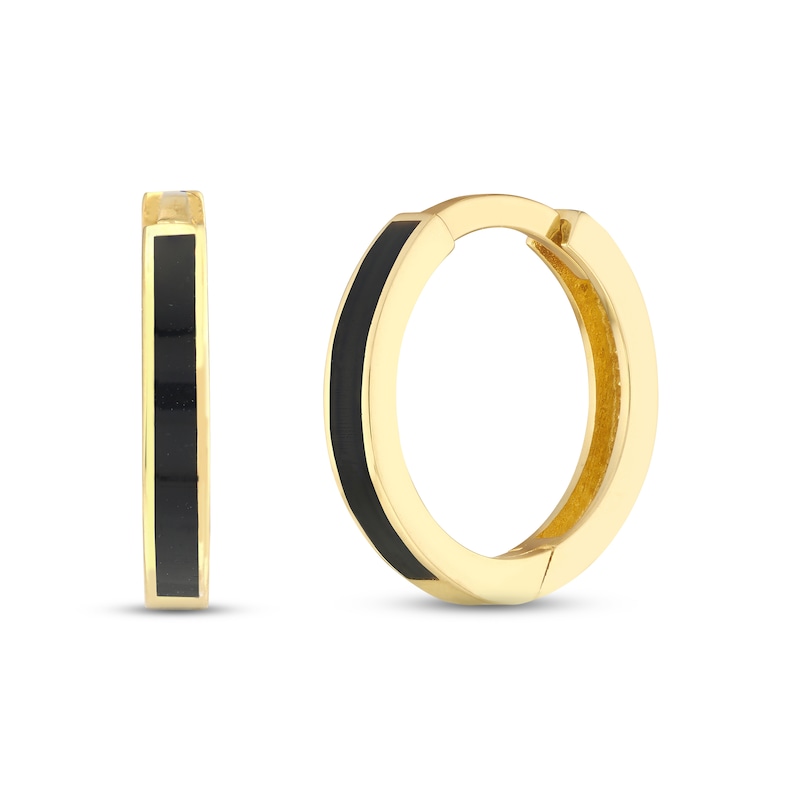 Main Image 1 of Black Enamel Huggie Hoop Earrings 14K Yellow Gold