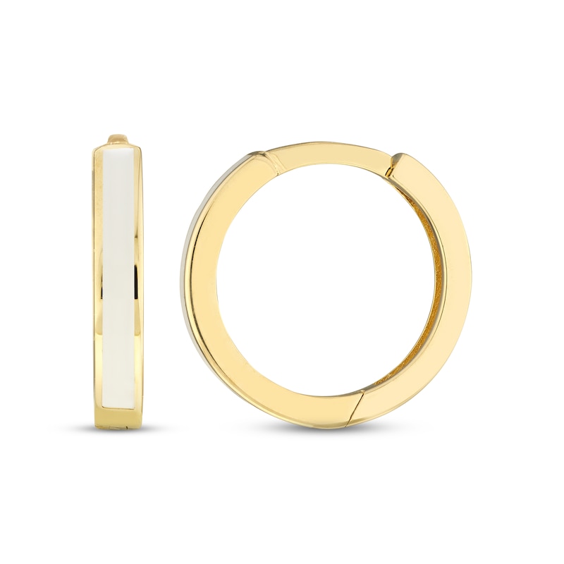 White Enamel Huggie Hoop Earrings 14K Yellow Gold