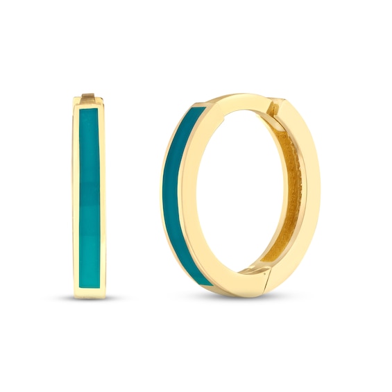 Blue Enamel Huggie Hoop Earrings 14K Yellow Gold