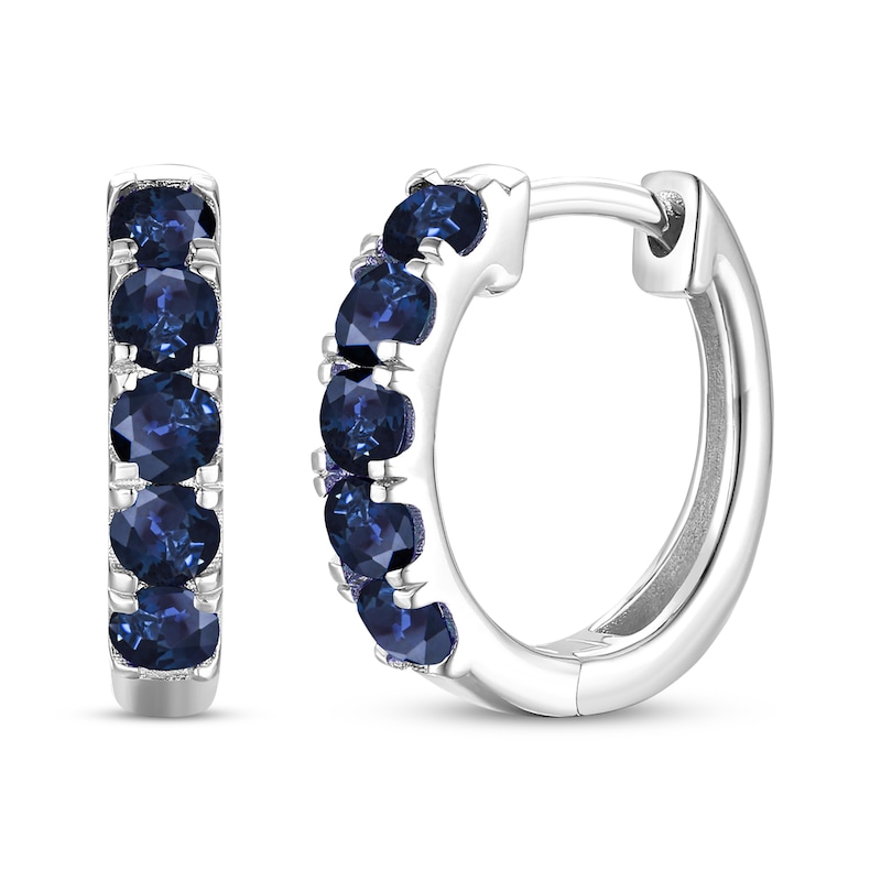 Main Image 1 of Round-Cut Blue Sapphire Hoop Earrings 10K White Gold