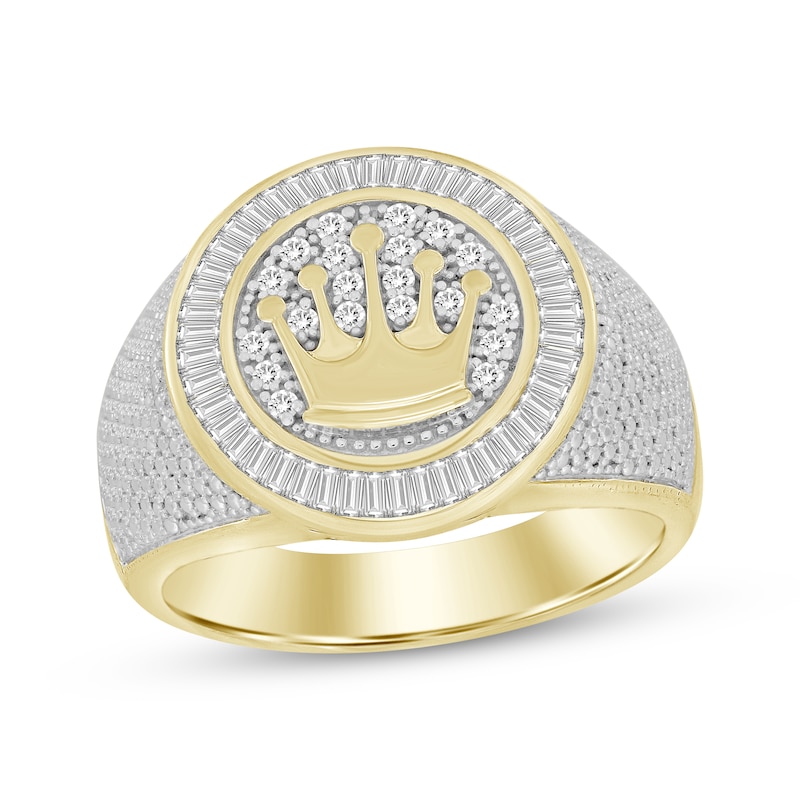 Main Image 1 of Men’s Round & Baguette-Cut Diamond Crown Signet Ring 1/2 ct tw 10K Yellow Gold