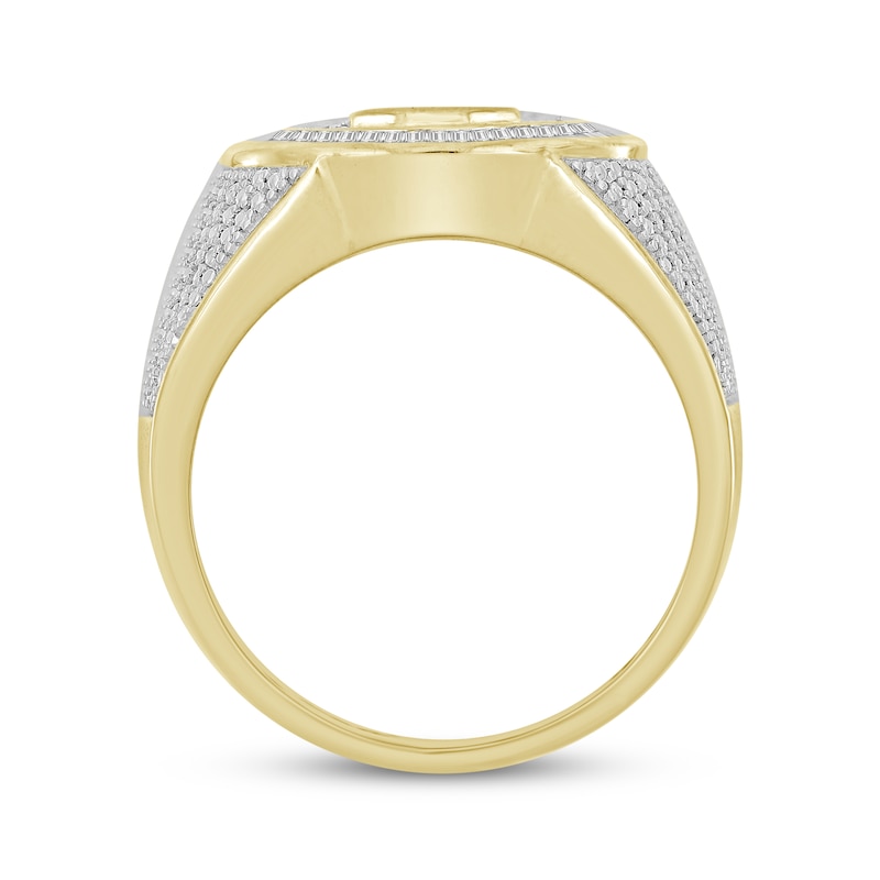 Main Image 3 of Men’s Round & Baguette-Cut Diamond Crown Signet Ring 1/2 ct tw 10K Yellow Gold