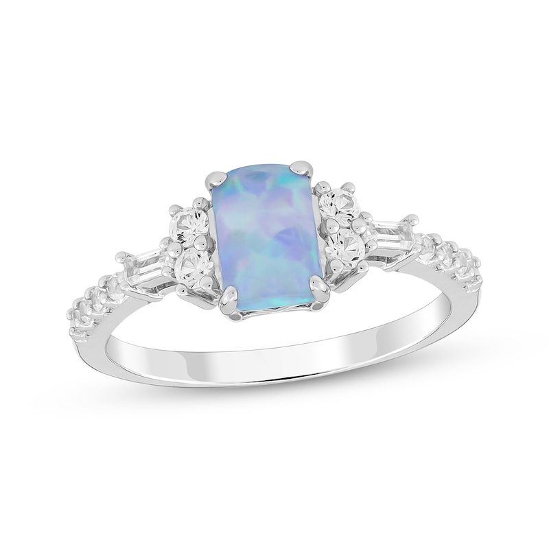 Emerald-Cut Blue Lab-Created Opal & White Lab-Created Sapphire Ring Sterling Silver