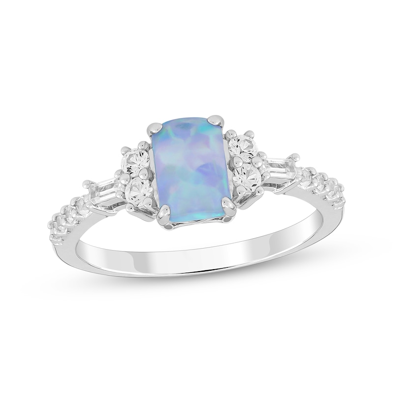 Main Image 1 of Emerald-Cut Blue Lab-Created Opal & White Lab-Created Sapphire Ring Sterling Silver