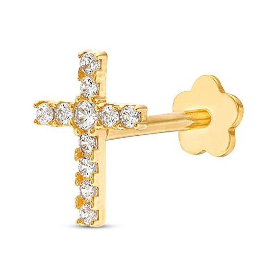 Cubic Zirconia Cross Single Helix Stud 14K Yellow Gold - 18G 8MM