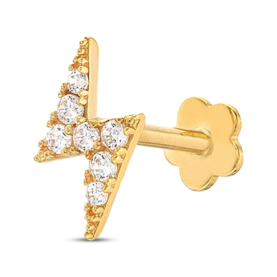 Cubic Zirconia Lightning Bolt Single Helix Stud 14K Yellow Gold - 18G 8MM
