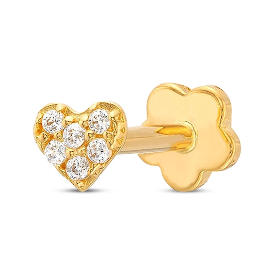 Cubic Zirconia Heart Single Helix Stud 14K Yellow Gold - 18G 8MM