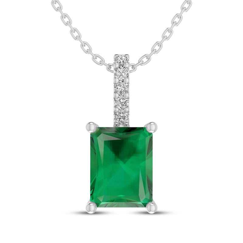 Main Image 1 of Emerald-Cut Lab-Created Emerald & White Lab-Created Sapphire Necklace Sterling Silver 18&quot;