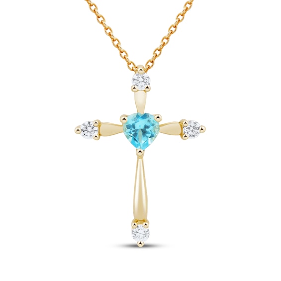 Heart-Shaped Natural Swiss Blue Topaz & Diamond Cross Necklace 1/10 ct tw 10K Yellow Gold 18"