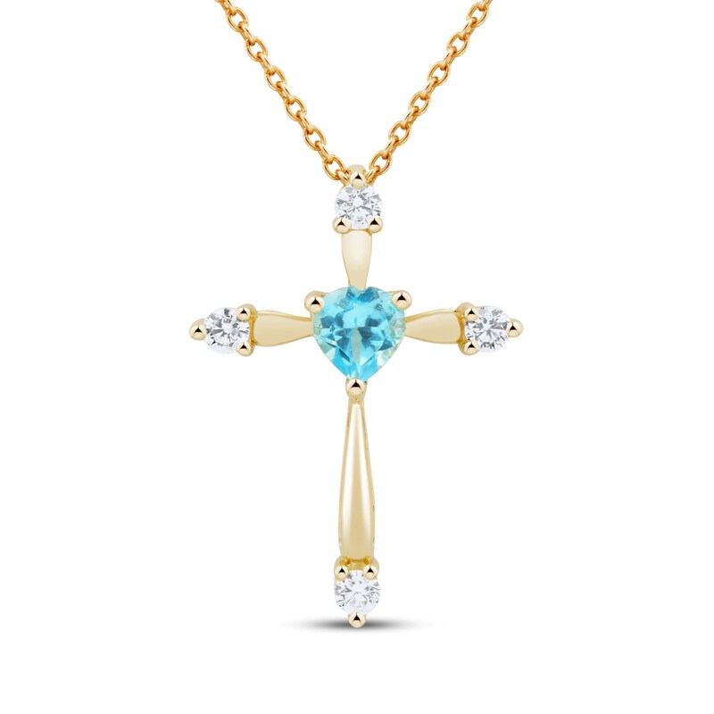 Main Image 1 of Heart-Shaped Natural Swiss Blue Topaz & Diamond Cross Necklace 1/10 ct tw 10K Yellow Gold 18"