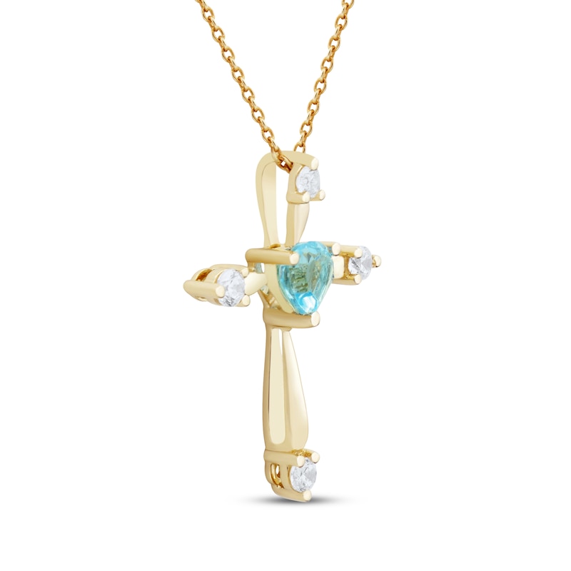 Main Image 2 of Heart-Shaped Natural Swiss Blue Topaz & Diamond Cross Necklace 1/10 ct tw 10K Yellow Gold 18"