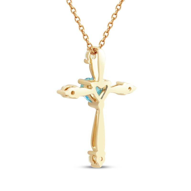 Main Image 3 of Heart-Shaped Natural Swiss Blue Topaz & Diamond Cross Necklace 1/10 ct tw 10K Yellow Gold 18"